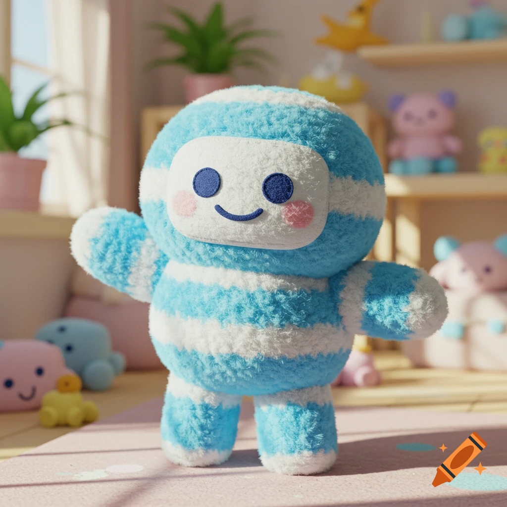 A cute, blue and white striped plush toy with a white face, blue eyes, and a friendly smile, standing on a pink rug in a sunlit room filled with other plush toys and plants.