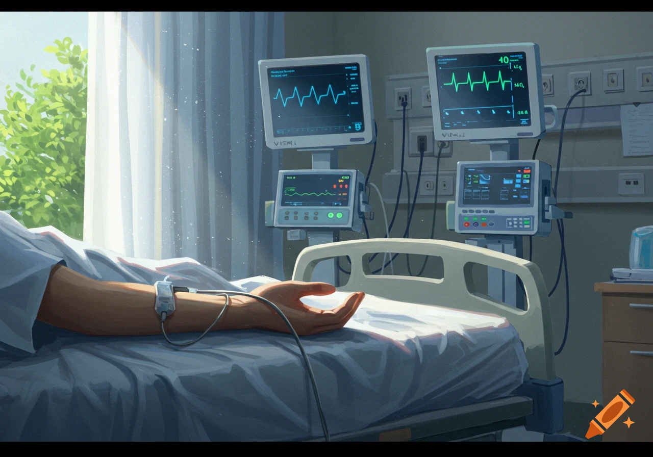 A person's arm lies on a hospital bed, connected to medical monitors displaying vital signs, with a window showing greenery.