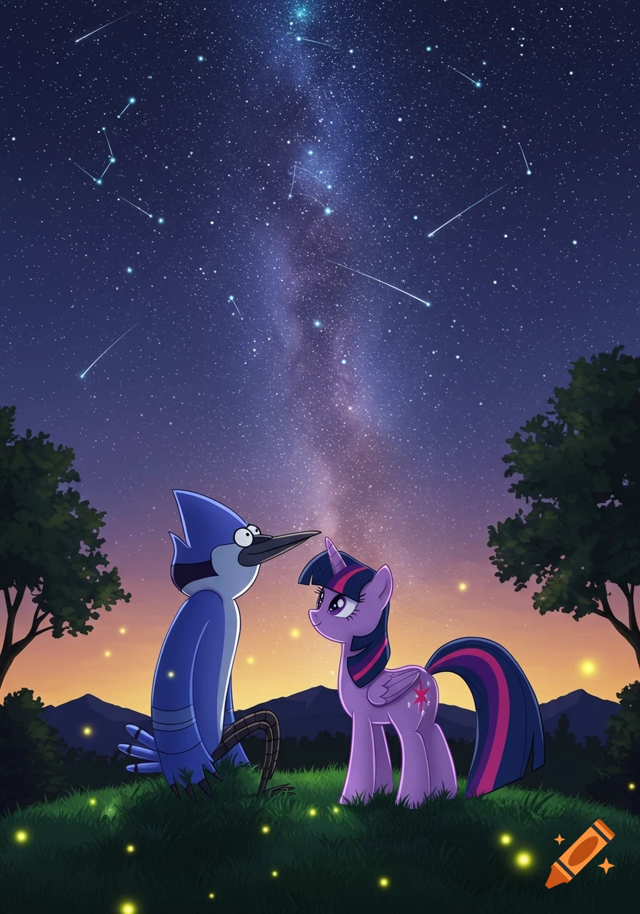 Mordecai and Twilight Sparkle gaze at a starry night sky with a milky way, shooting stars, and glowing fireflies in the grass.