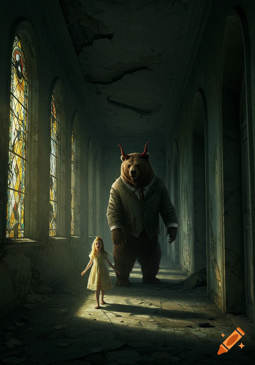 A small princess in a yellow dress looks terrified, walking in a dark, abandoned castle hallway, stalked by a horned bear in a suit.