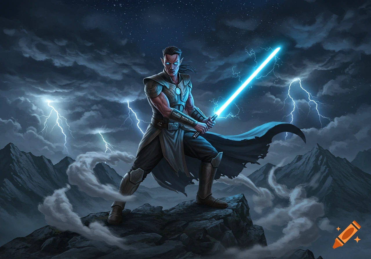 A male elf-like character with blue glowing eyes and a glowing blue lightsaber stands on a rocky mountain peak during a lightning storm.