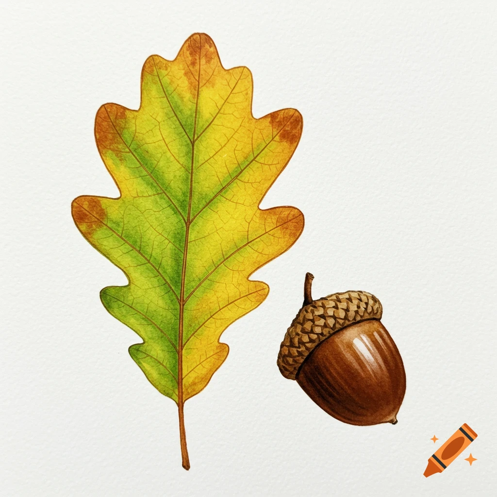 Watercolor illustration of a green and yellow oak leaf and a brown acorn on a white background.