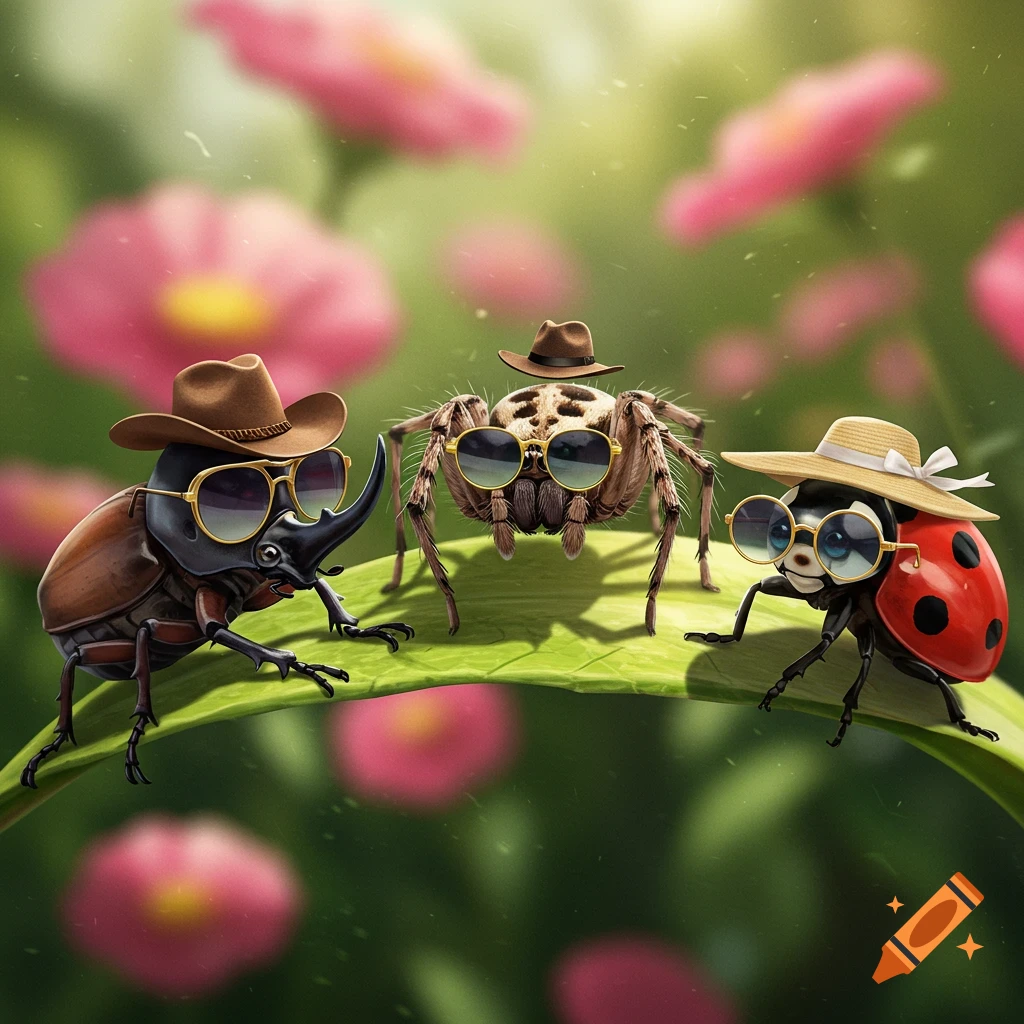 A cartoon rhino beetle, spider, and ladybug wearing sunglasses and hats sit on a green leaf with pink flowers in the background.