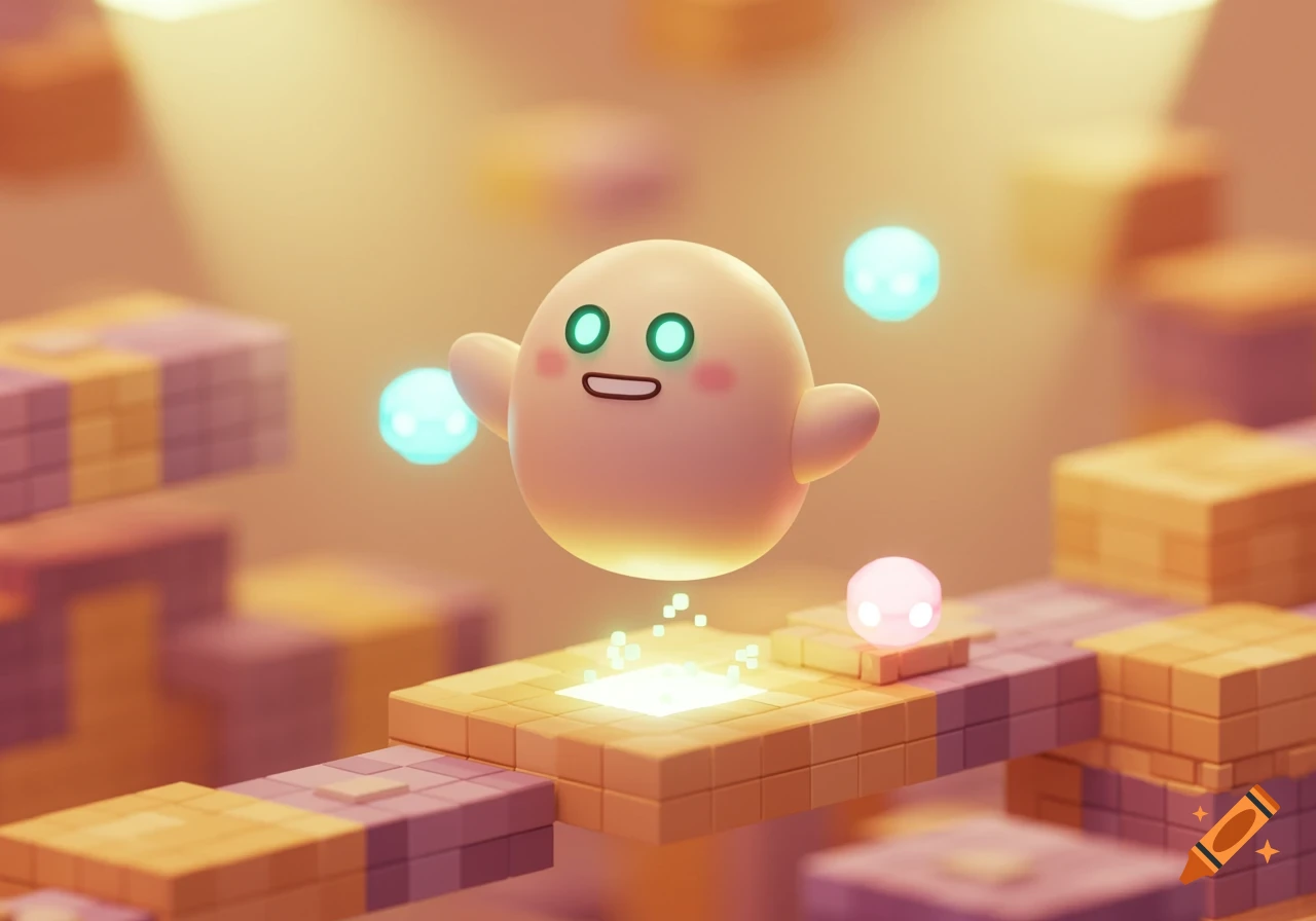 A cute, light pink ghost-like character with green eyes floats over glowing pixelated blocks amidst colorful floating orbs in a 3D render.