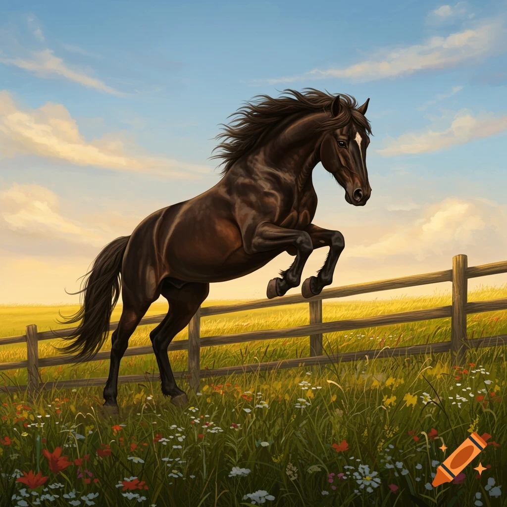 A dark brown horse with a white blaze leaps over a wooden fence in a field of wildflowers under a cloudy sky.