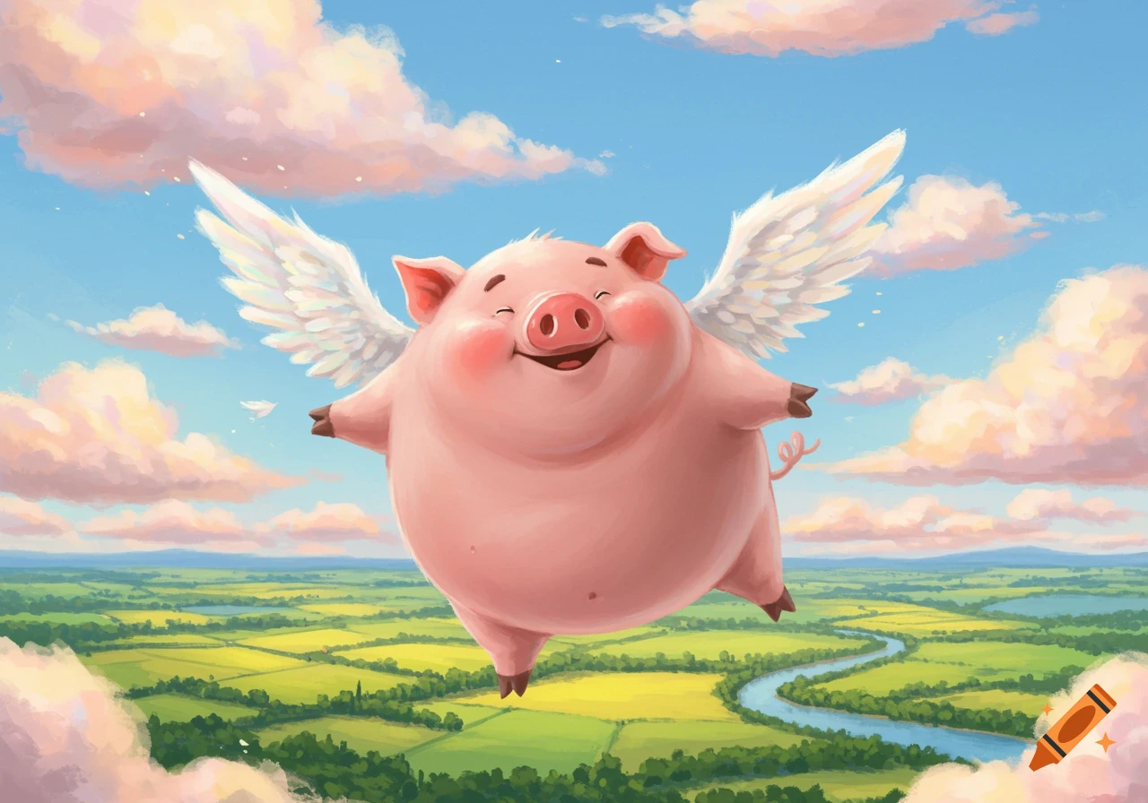 A happy, pink cartoon pig with white wings flies in a blue sky with fluffy clouds above a green, rural landscape with a river.
