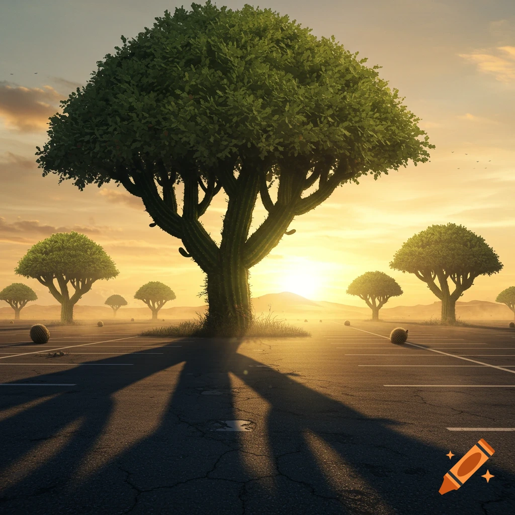 A large, tree-like cactus casts a long shadow across a cracked asphalt parking lot at sunset, with other similar trees in a desert landscape.