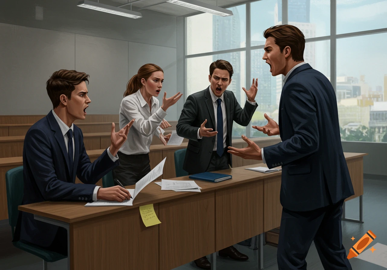 Four people passionately argue in a modern classroom overlooking a city, with expressive gestures and open mouths. Realistic illustration.