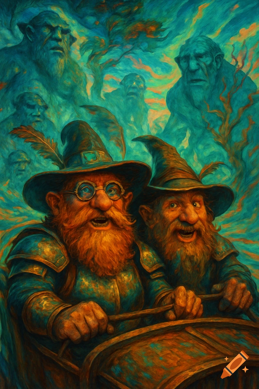 Two bearded dwarves in hats and armor ride through a vibrant, painterly landscape, with ghostly green trolls appearing in the background.