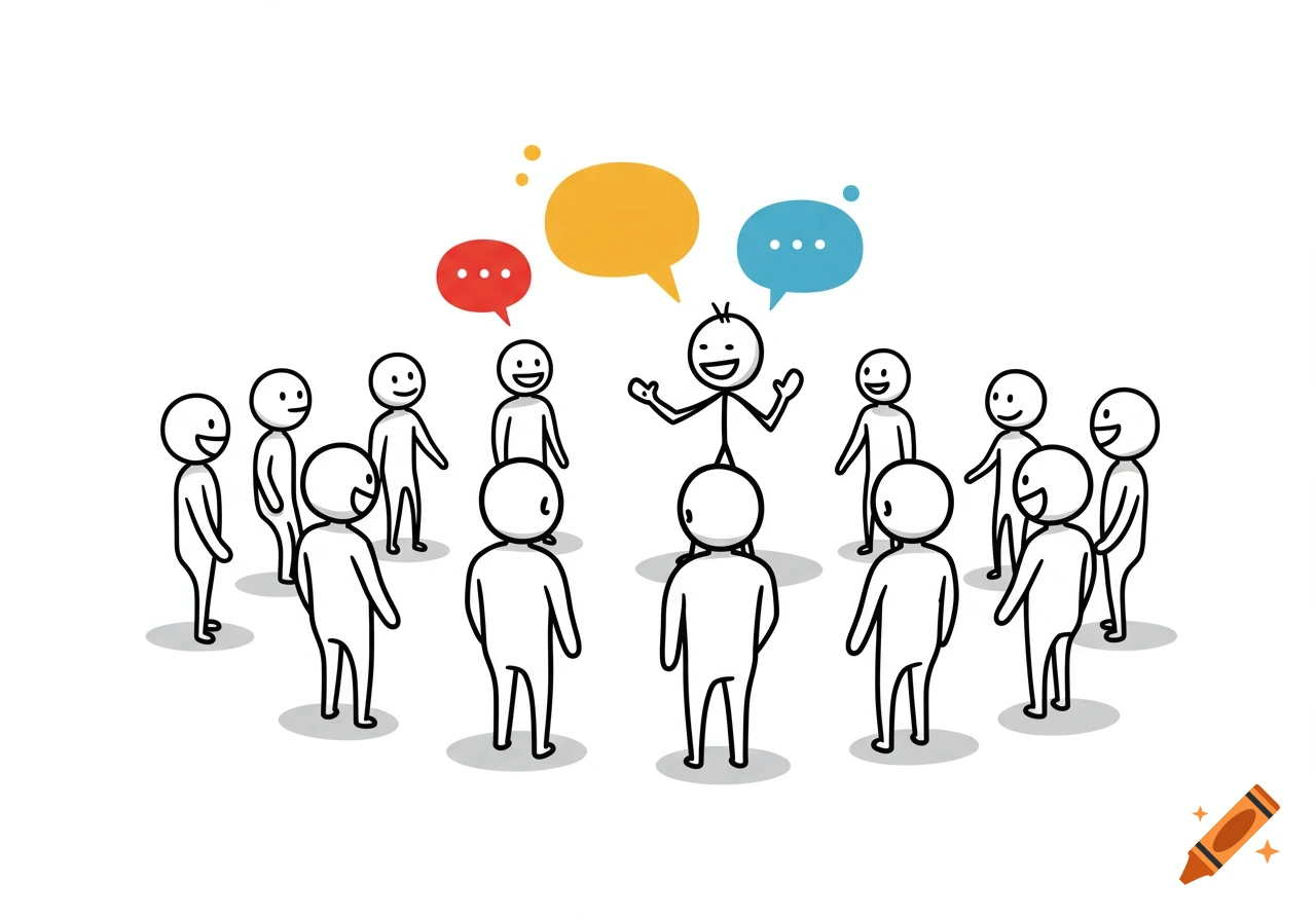 A central stick figure speaks to a group of others in a circle, with colorful speech bubbles above their heads in a simple illustration style.