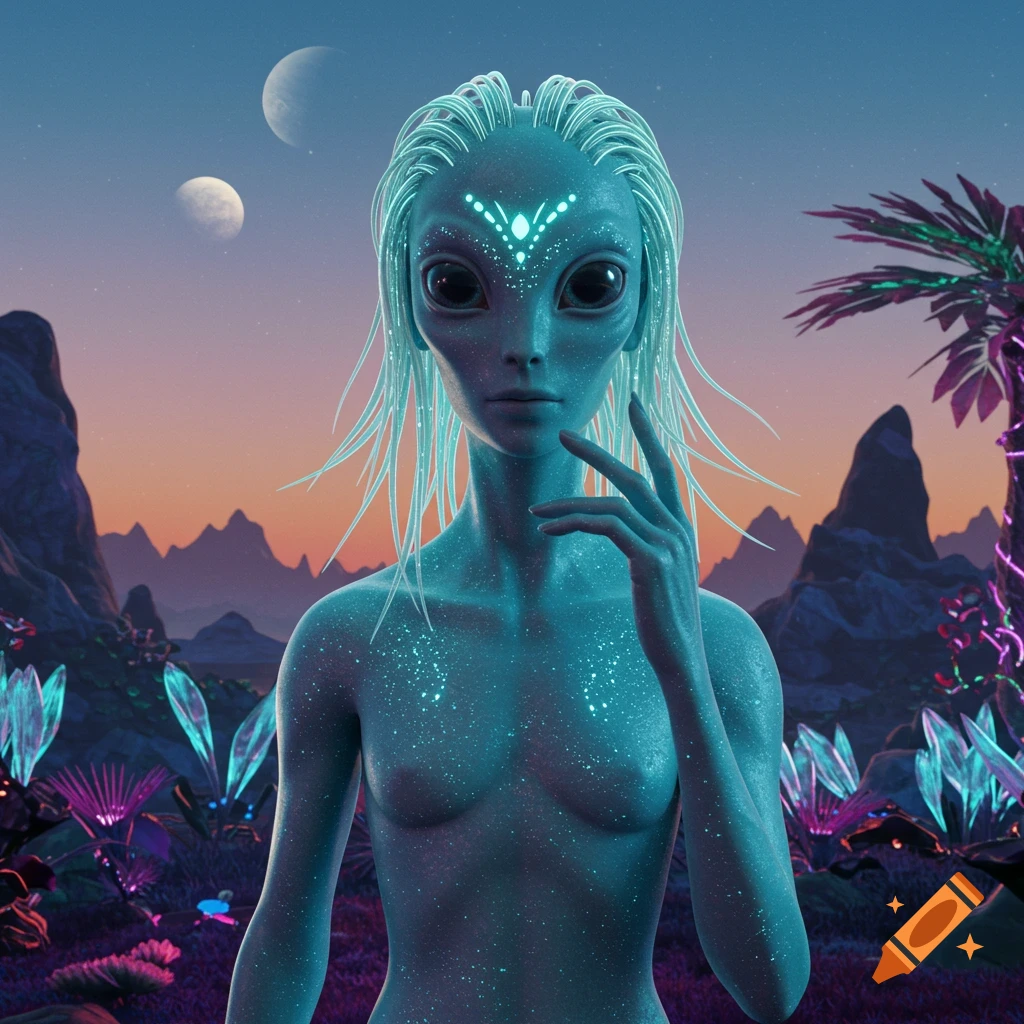 A blue-skinned alien with glowing markings on its forehead stands in an otherworldly landscape under two moons at sunset.