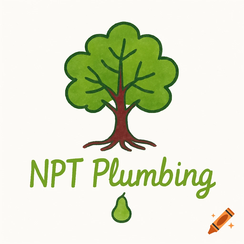 A hand-drawn logo with a green tree, maroon trunk, and roots, above green text 'NPT Plumbing', with a small green pear below.