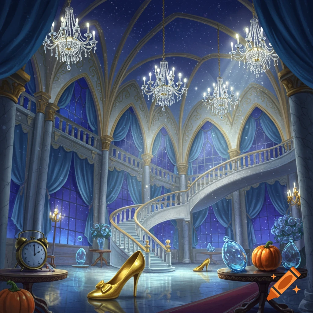 A magical, grand ballroom in Cinderella's castle at night, with sparkling chandeliers, a winding white staircase, blue curtains, golden high heels, a clock, and pumpkins.