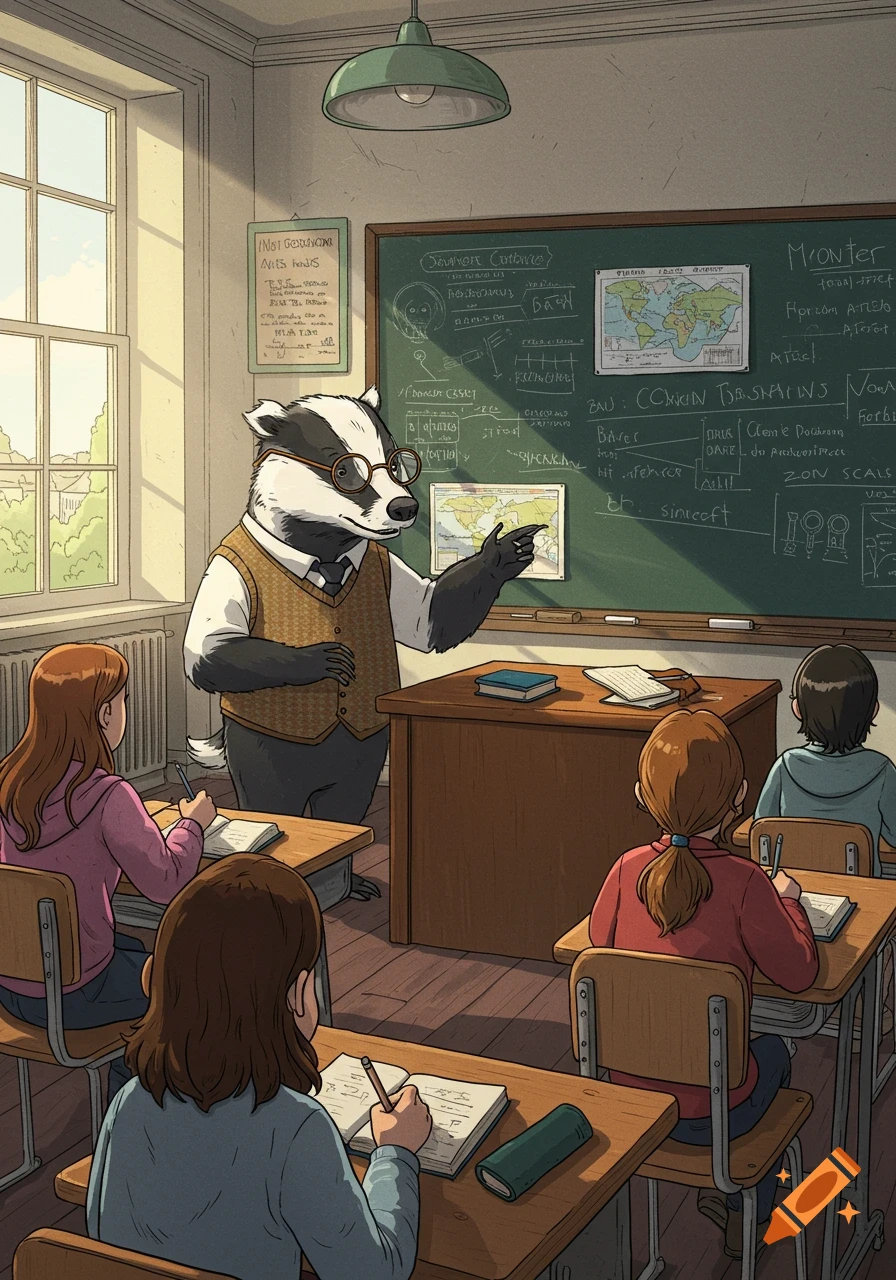 A cartoon badger teacher in a vest and tie points at a world map on a chalkboard in a classroom, while students write at desks.