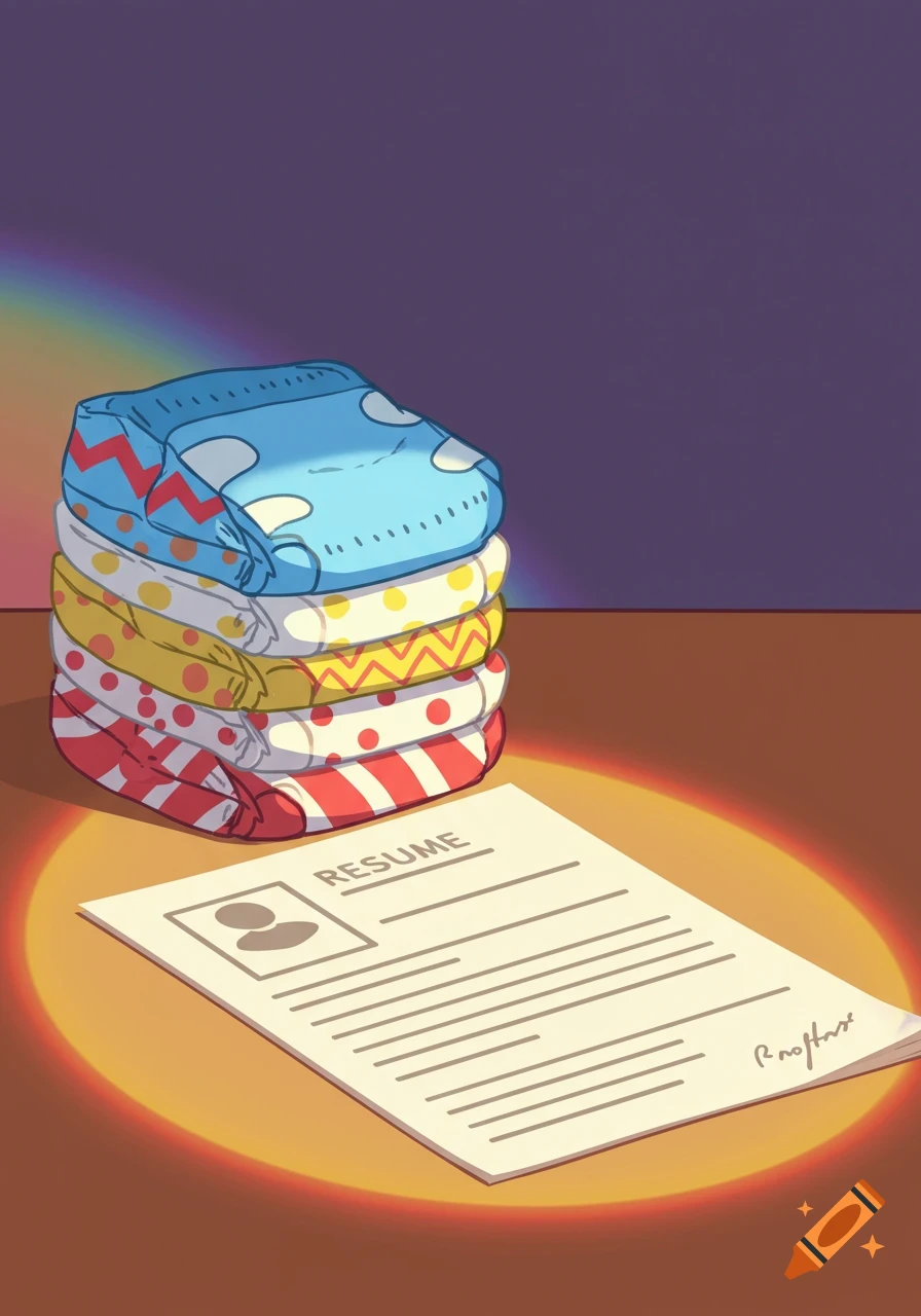A stack of colorful, patterned diapers sits next to a resume document under a spotlight, in a cartoon style.