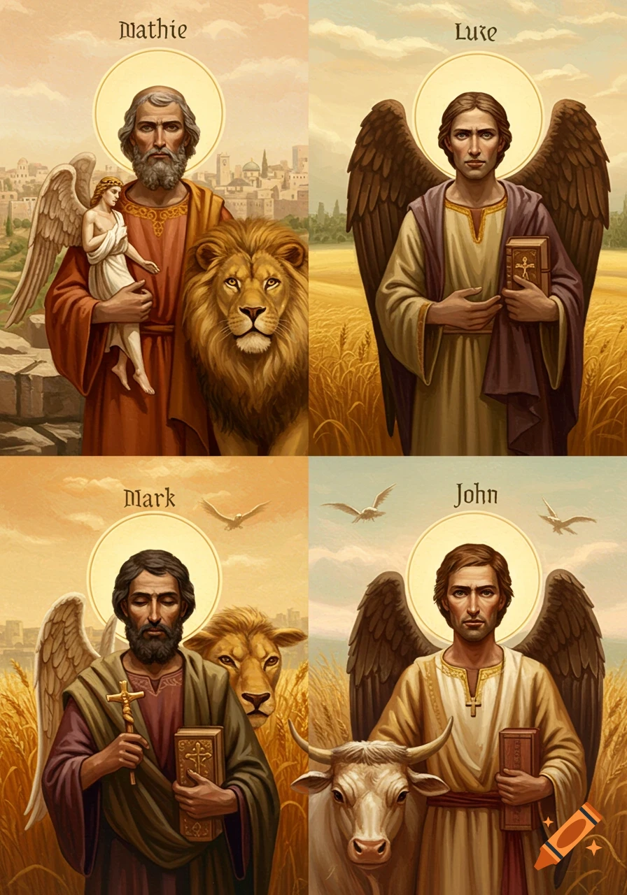 Four classical portraits of the Evangelists with their symbols and halo, featuring an angel, a lion, an ox, and a city or wheat fields.
