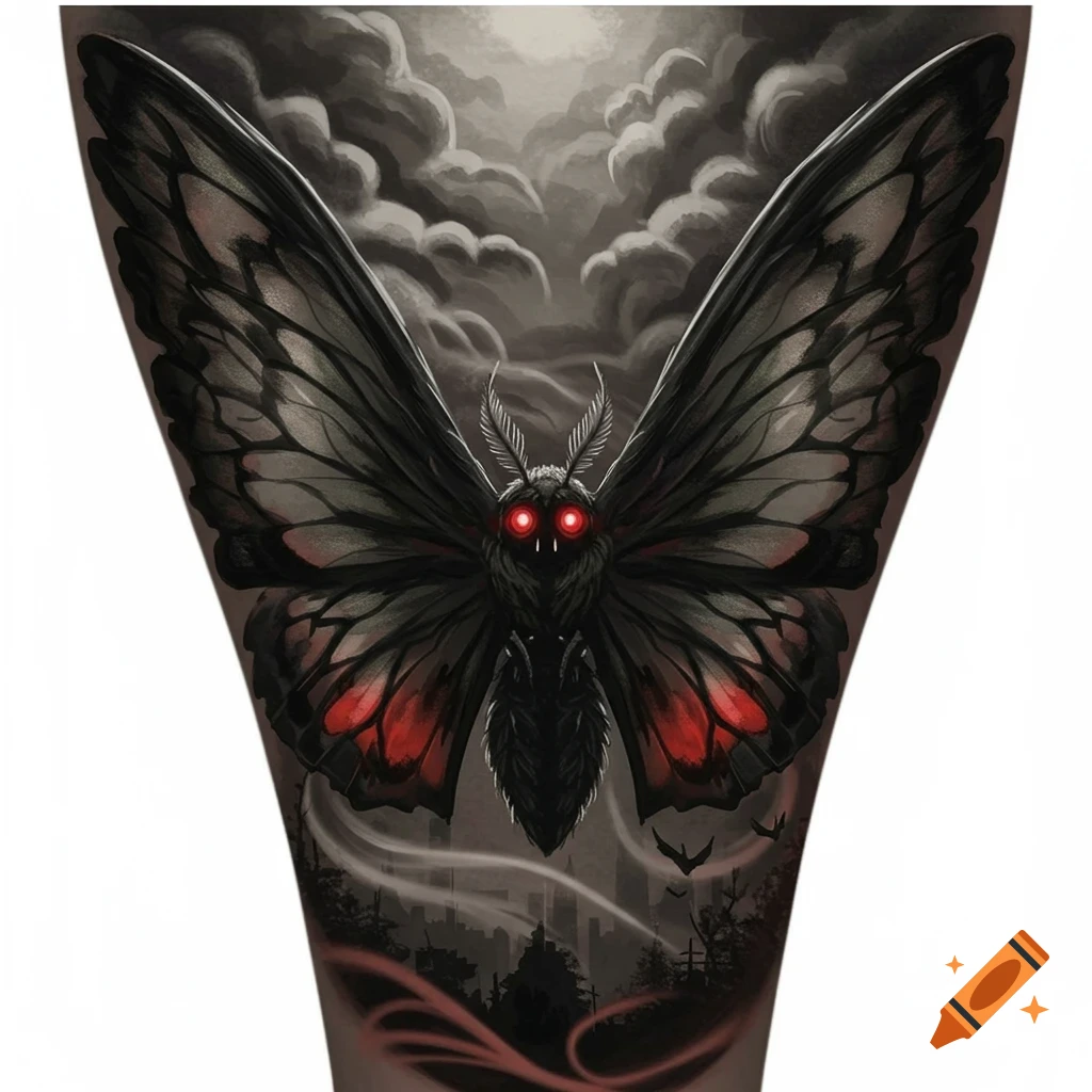 A dark moth-like cryptid with glowing red eyes and large wings against a cloudy sky, above a silhouetted city.