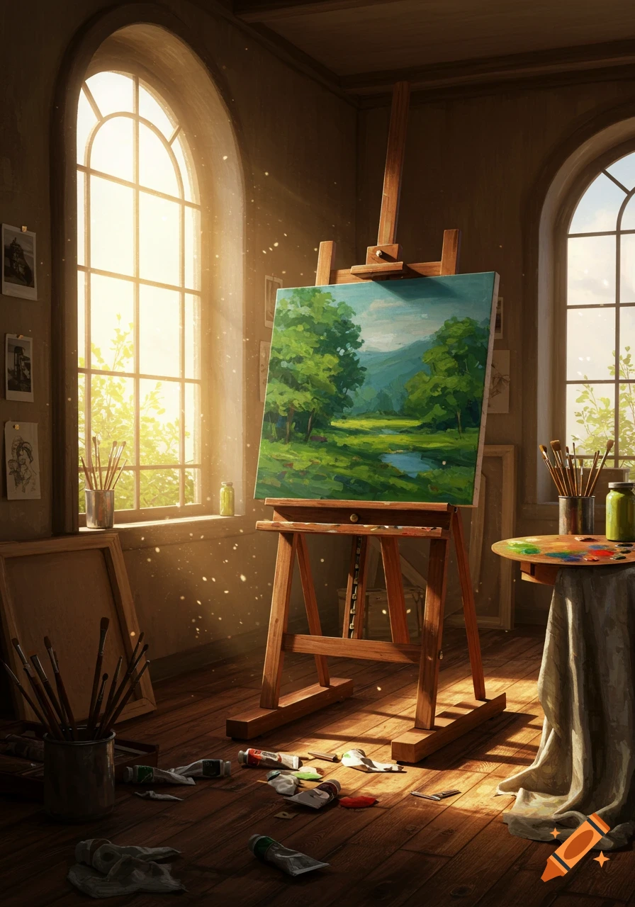 A sunlit artist's studio with an easel holding a landscape painting, paint tubes and brushes on the wooden floor, and arched windows.