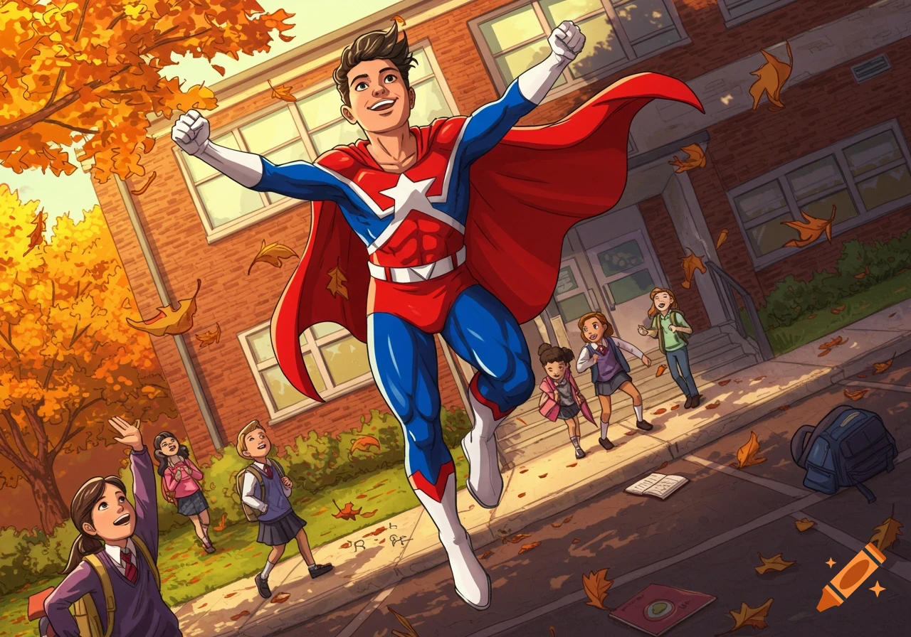 A cartoon superhero flies above a schoolyard in autumn, with children looking up excitedly as leaves fall around them.