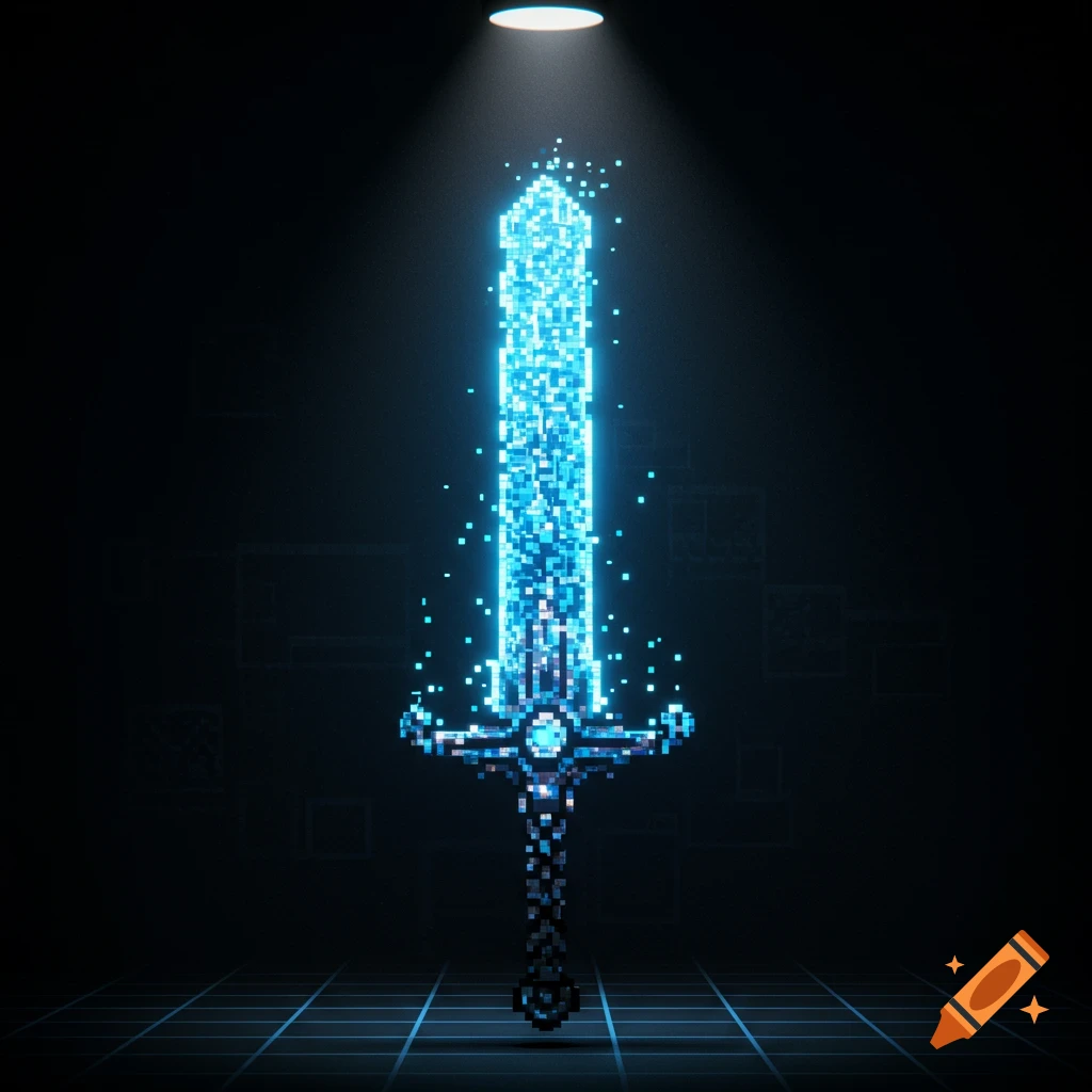 A glowing blue pixel art sword stands vertically in a dark room with a spotlight from above.