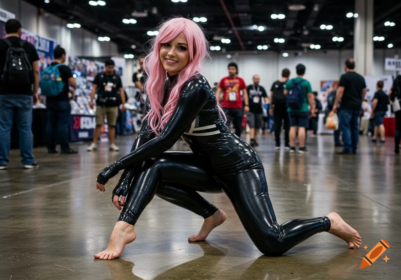 A smiling woman with pink hair in a black latex suit crouches barefoot on a convention floor as people walk in the blurry background.
