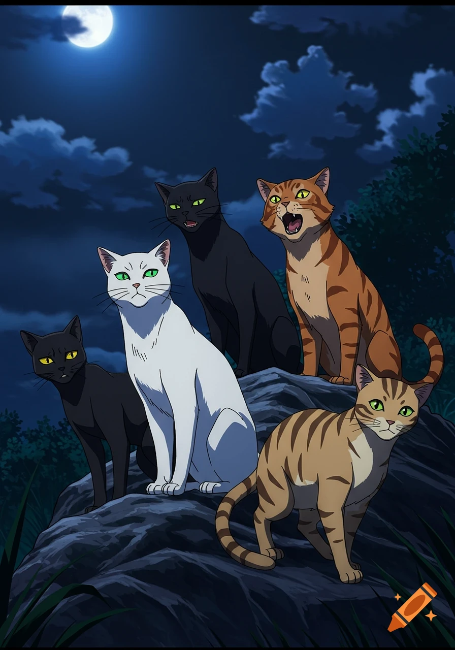 Five anime-style cats on a rock at night under a full moon, with varying expressions.