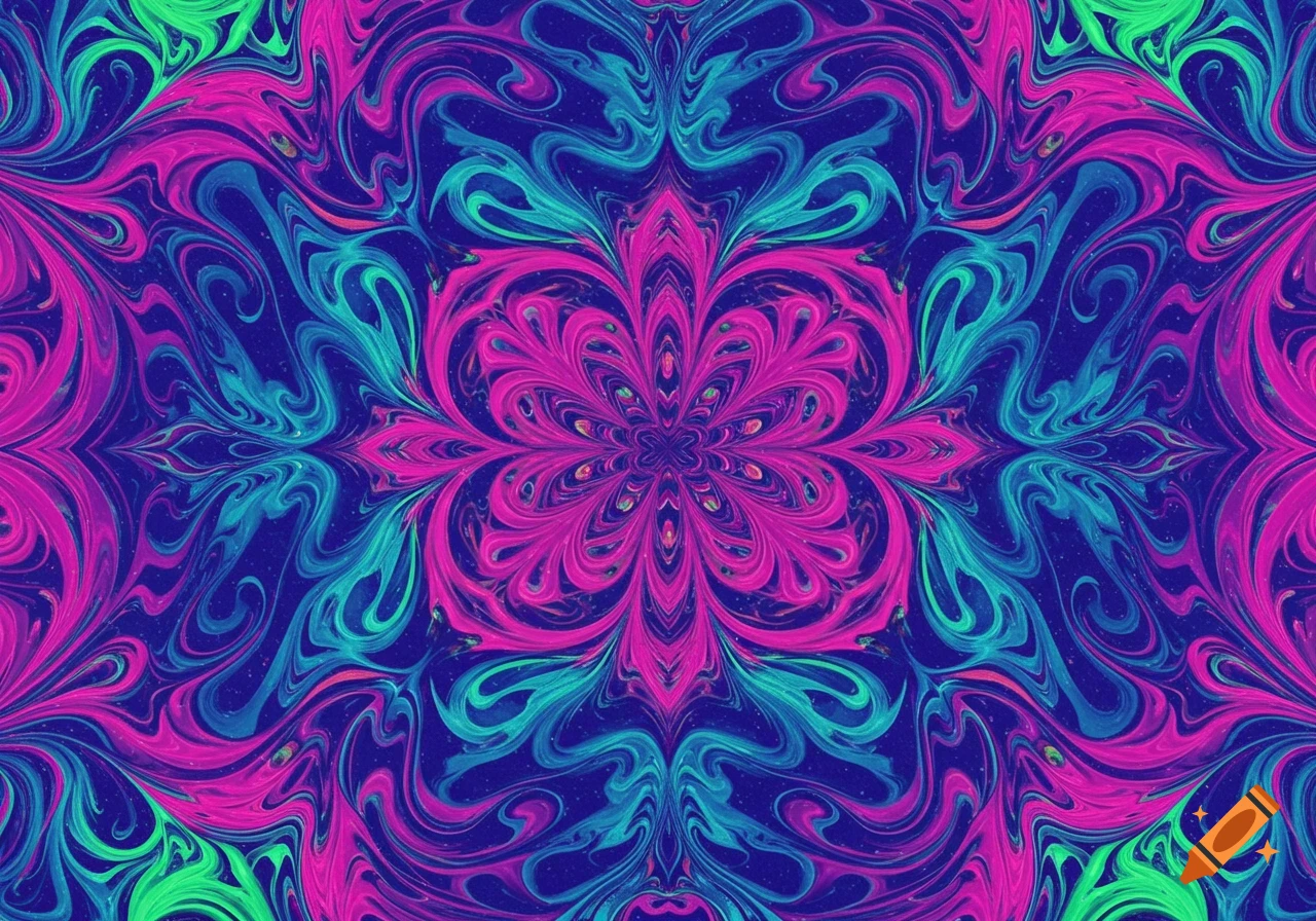Vibrant, swirling psychedelic pattern in pink, blue, and green, forming an intricate symmetrical design.