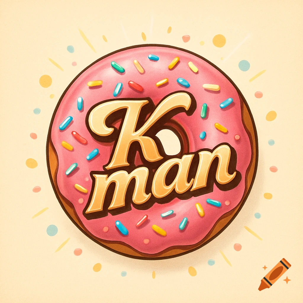 Illustrative pink frosted donut with colorful sprinkles and the golden text 'K man' on top.