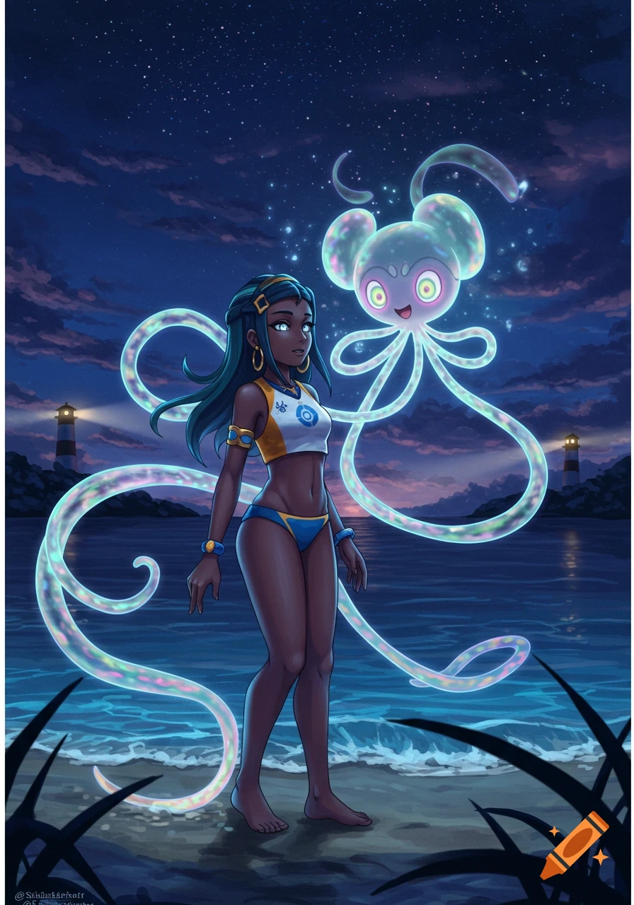 Nessa from Pokemon stands on a beach at night under a starry sky, looking at a glowing, translucent, octopus-like creature floating beside her.