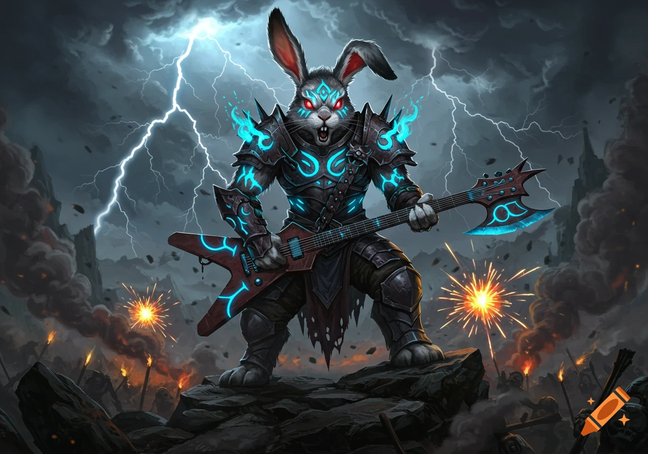 An armored rabbit with glowing blue runes and red eyes holds an axe-guitar on rocks under a stormy, lightning-filled sky.