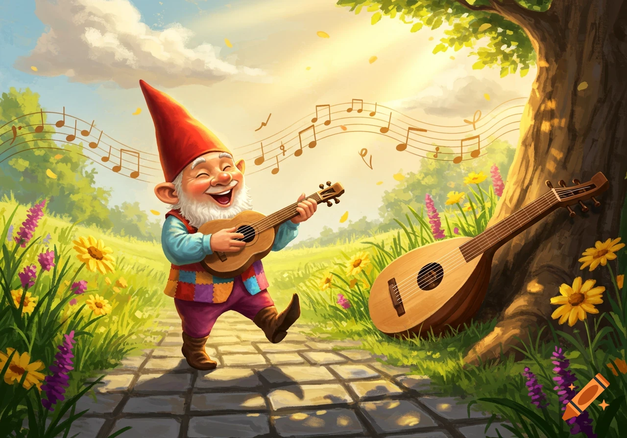 A cheerful gnome in a red hat plays a lute on a sunny cobblestone path with flowers, musical notes floating around him. Another lute leans on a tree.