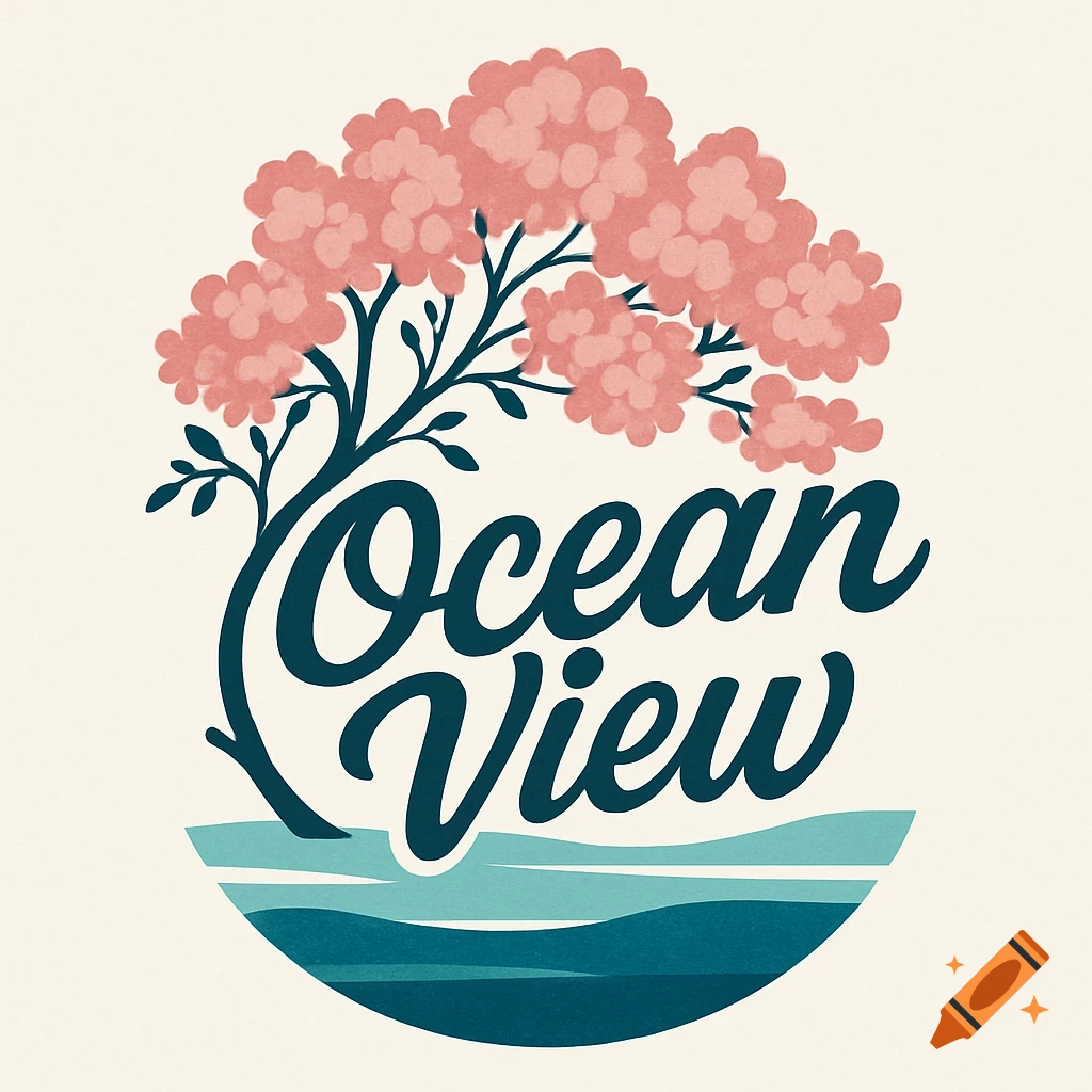 A stylized logo illustration featuring a dark blue tree with pink blossoms, the words "Ocean View" in cursive font forming the tree trunk, and teal ocean waves below. The background is a light cream color.