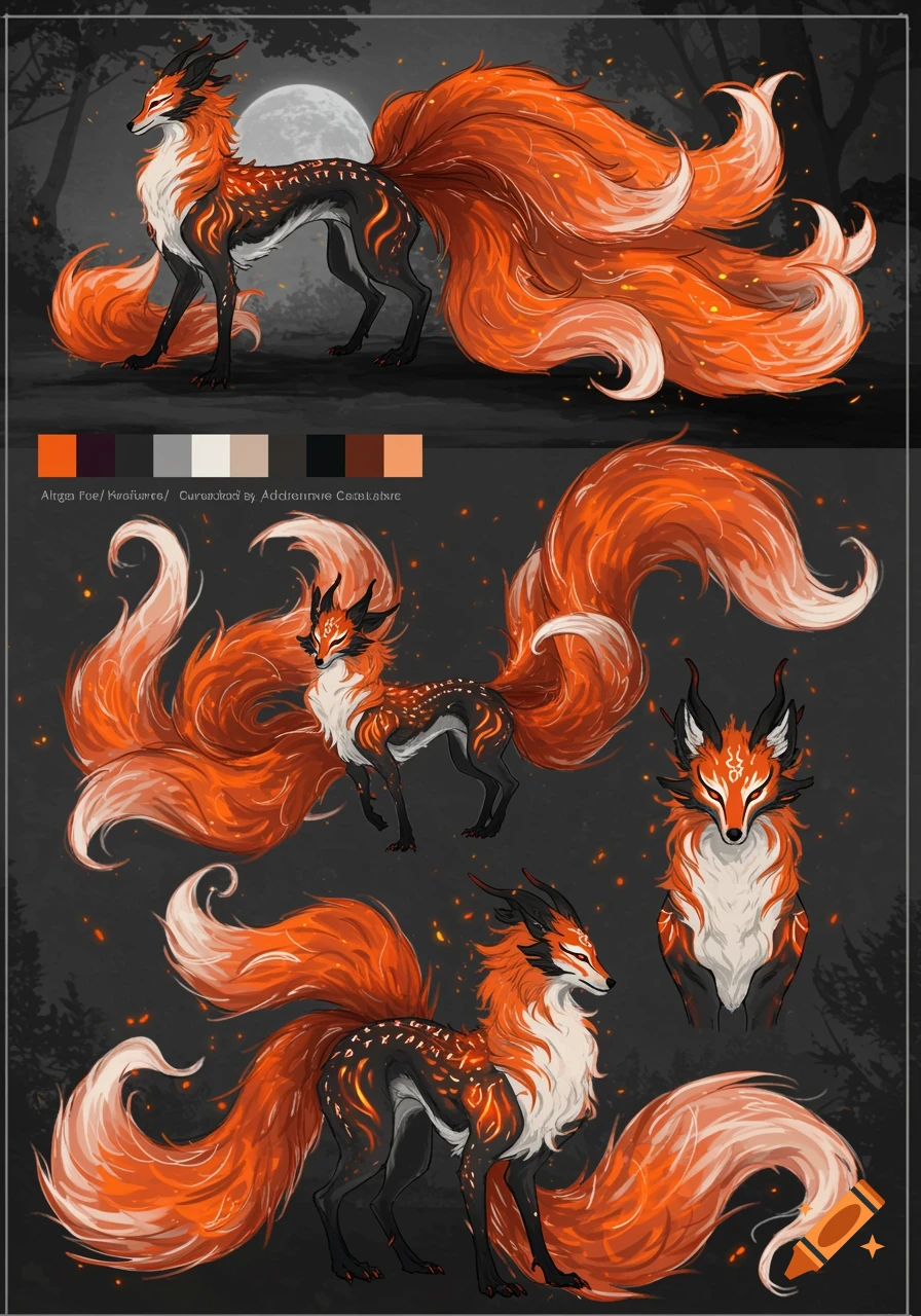 A full-body reference sheet of a black and orange fantastical fox creature with multiple fiery tails and glowing markings.