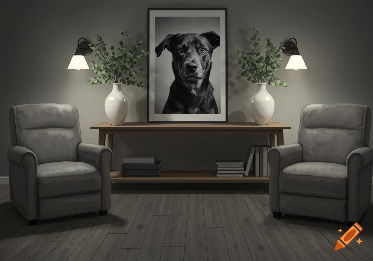 Cozy living room with two gray recliners, a table with plants, and a large black and white portrait of a dog.
