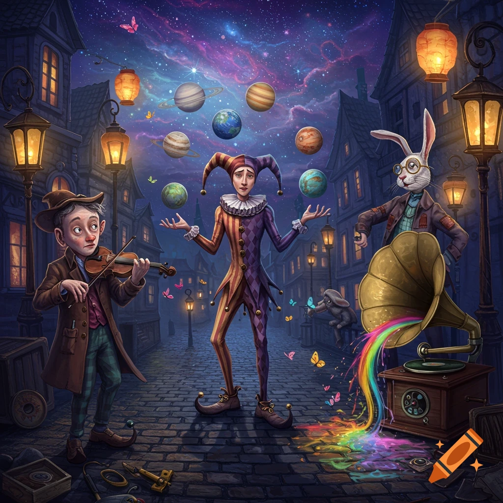 A jester juggles planets under a starry night sky in an old town street, while a man plays a violin and a rabbit operates a gramophone spewing a rainbow.