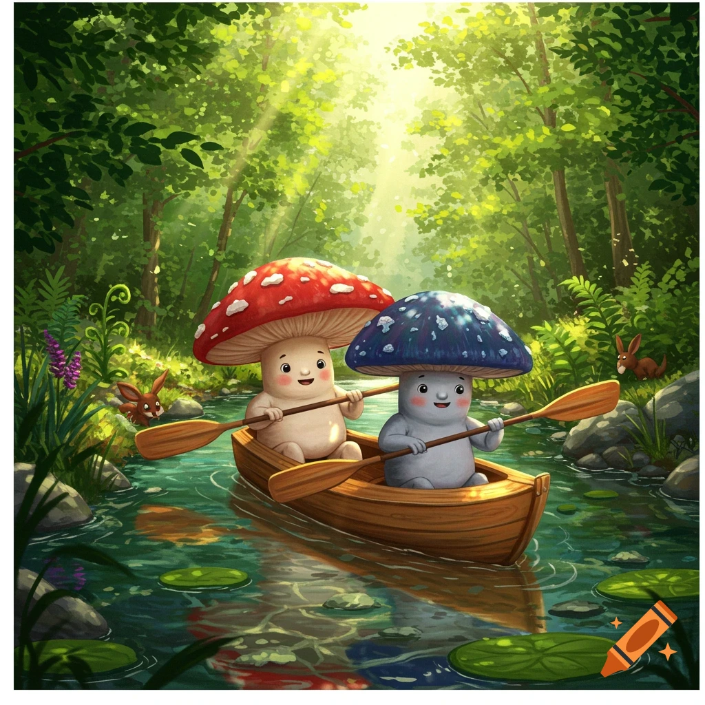 Two cute mushroom characters in a small wooden boat on a river, paddling through a sun-dappled forest.