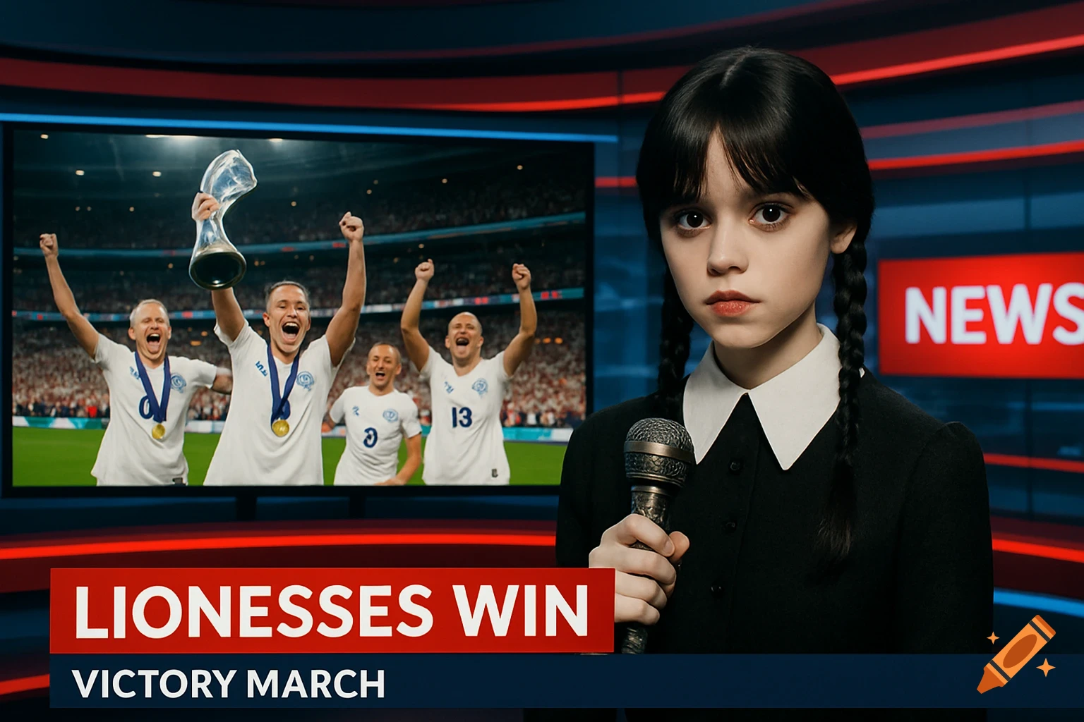 Wednesday Addams as a news reporter with a microphone, in front of a screen showing victorious female soccer players and the text "LIONESSES WIN" and "VICTORY MARCH."
