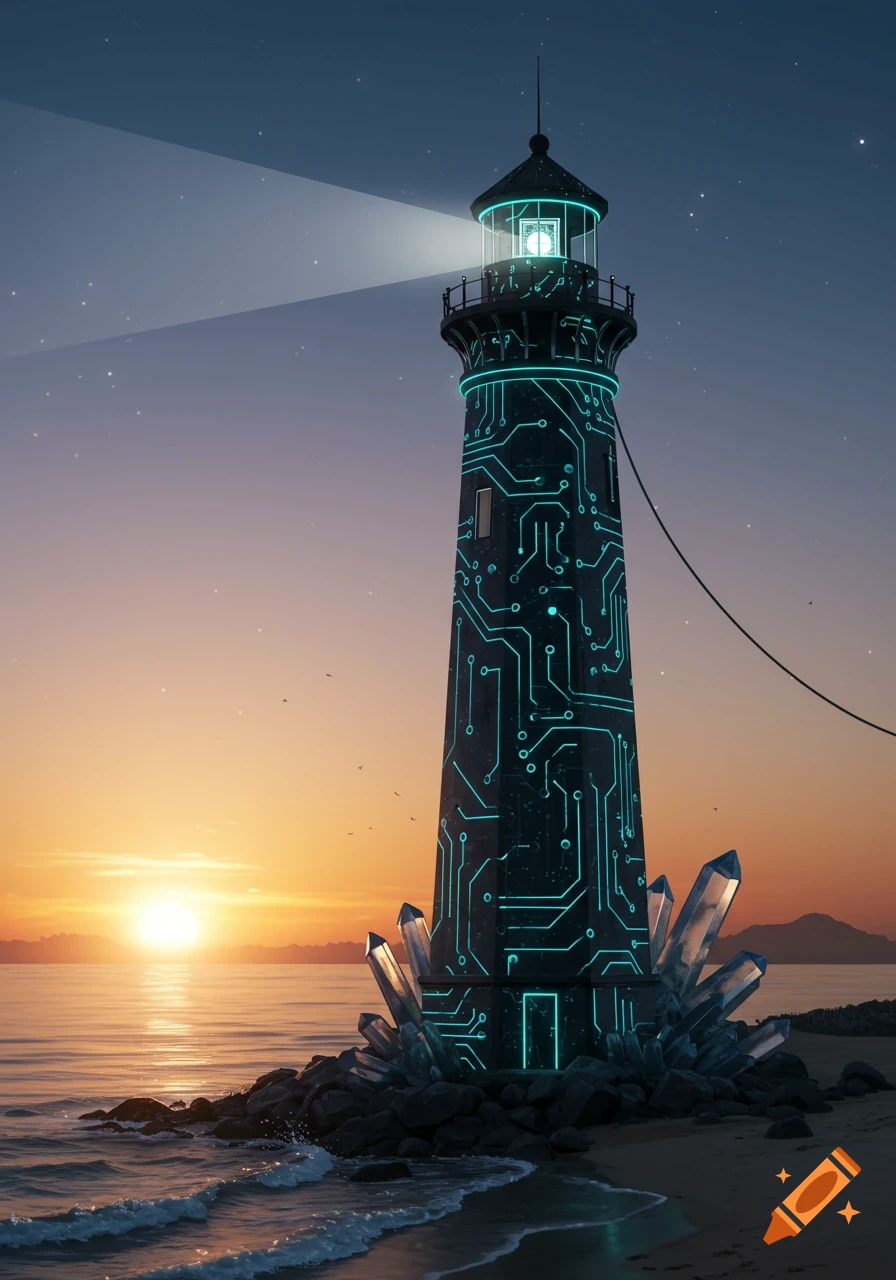 A futuristic lighthouse covered in glowing circuit board patterns and surrounded by large crystals on a beach at sunset.
