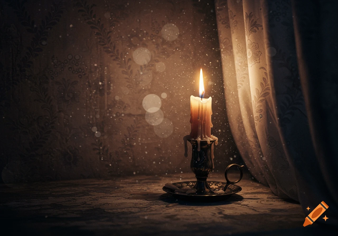 A single lit candle in a dark room, with wax dripping down its side, illuminating a patterned wall and curtain.