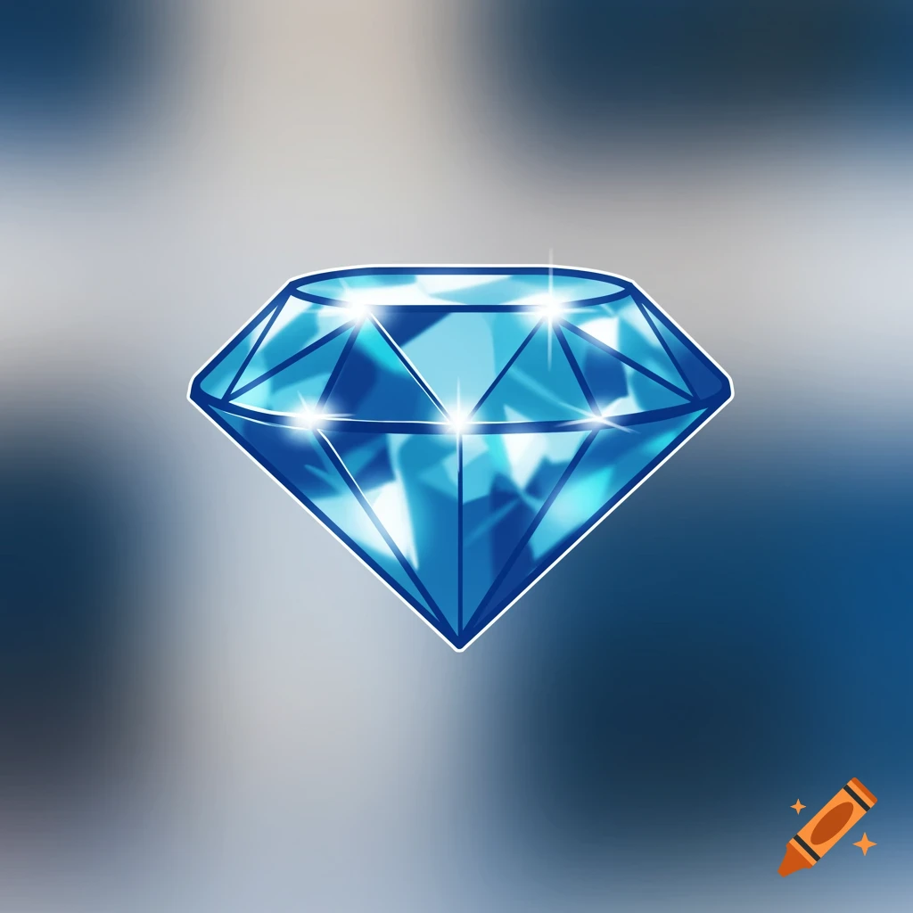 A blue, faceted diamond with a thick outline and bright white sparkling highlights against a blurred grey and blue background.