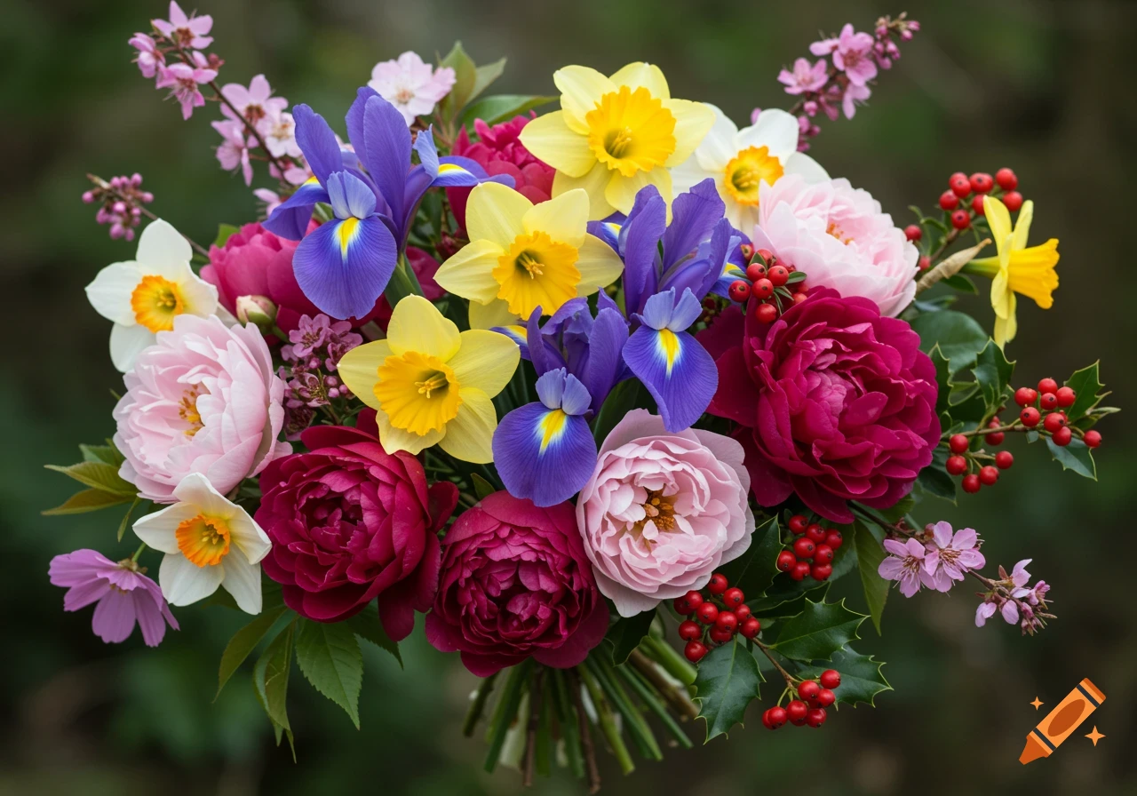 A vibrant, photorealistic bouquet featuring purple irises, yellow daffodils, pink and red peonies, pink blossoms, and red holly berries.