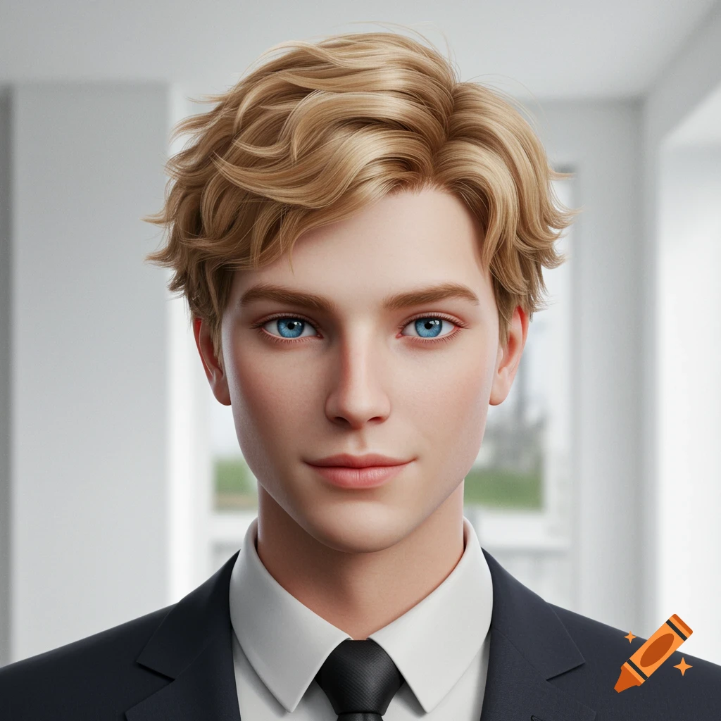 A close-up portrait of a young man with blonde hair and striking blue eyes, wearing a dark suit and white shirt with a black tie.
