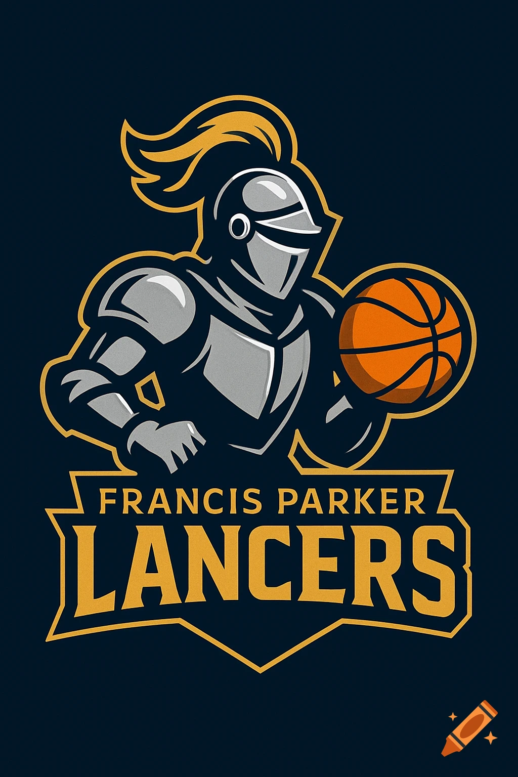 A dark blue sports logo featuring a knight in silver armor holding an orange basketball, with the text "FRANCIS PARKER" and "LANCERS" in gold below.