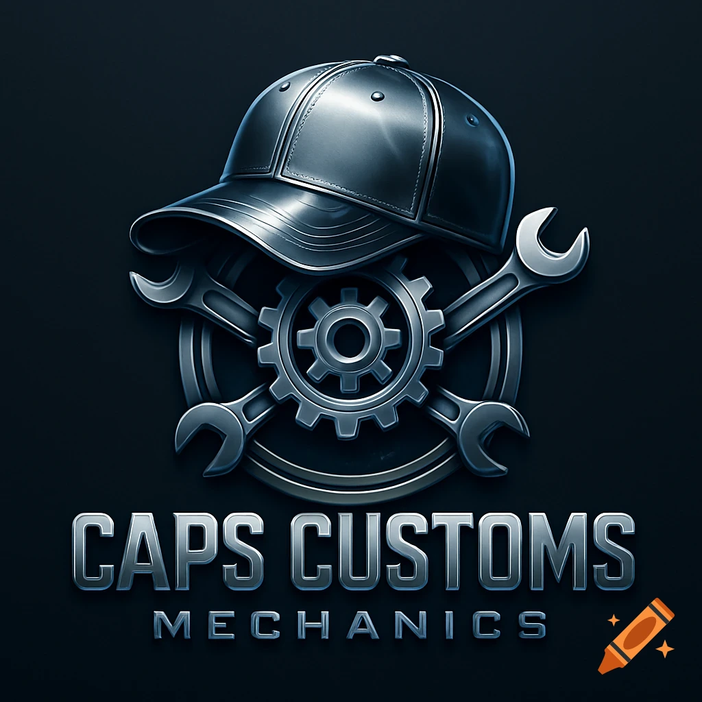 Metallic logo featuring a baseball cap, crossed wrenches, and a gear with text 'CAPS CUSTOMS MECHANICS' on a dark background.