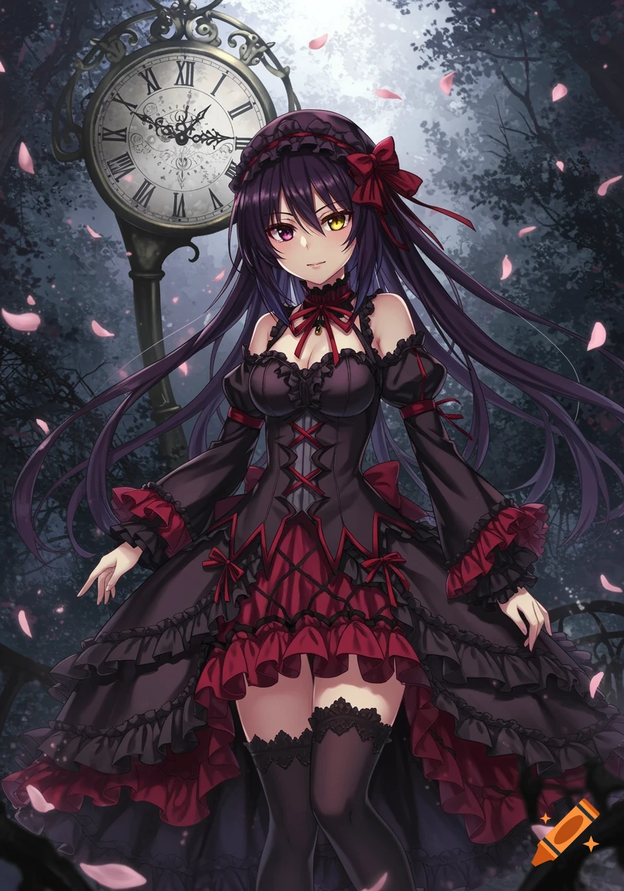 An anime girl with long dark hair, one red eye and one yellow eye, wearing a black and red gothic dress with a large clock in the background, surrounded by pink petals.