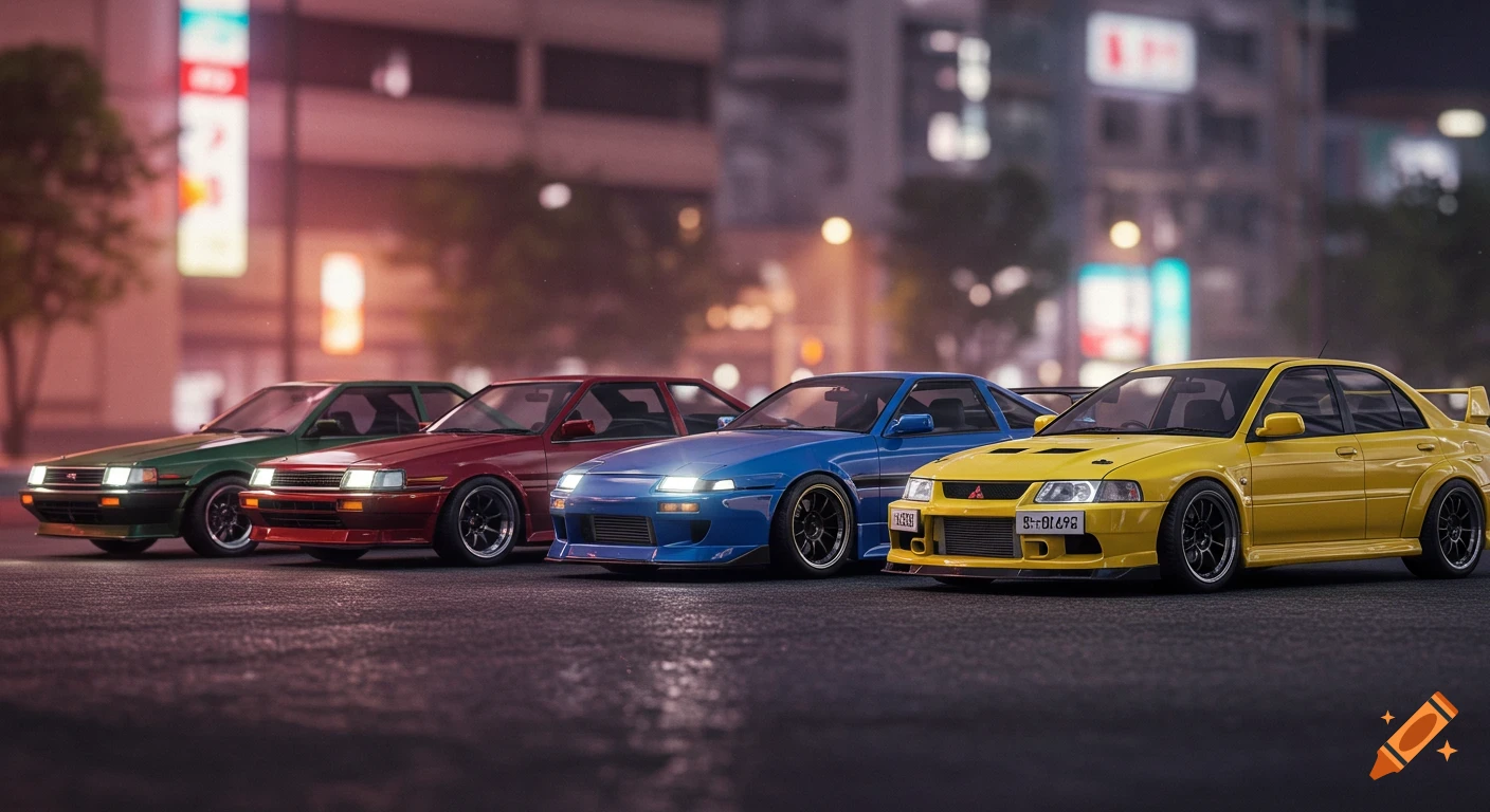Four customized sports cars (green, red, blue, yellow) lined up on a wet city street at night with blurred buildings and lights in the background.