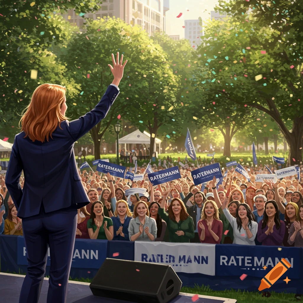 A female candidate with red hair waves to a cheering crowd at a sunny outdoor political rally with confetti falling.