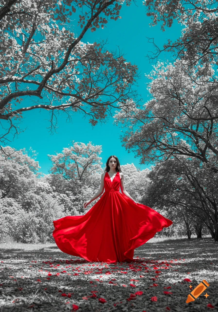 Woman in a flowing red dress, standing in a grayscale forest with a vibrant blue sky, red petals scattered on the ground.