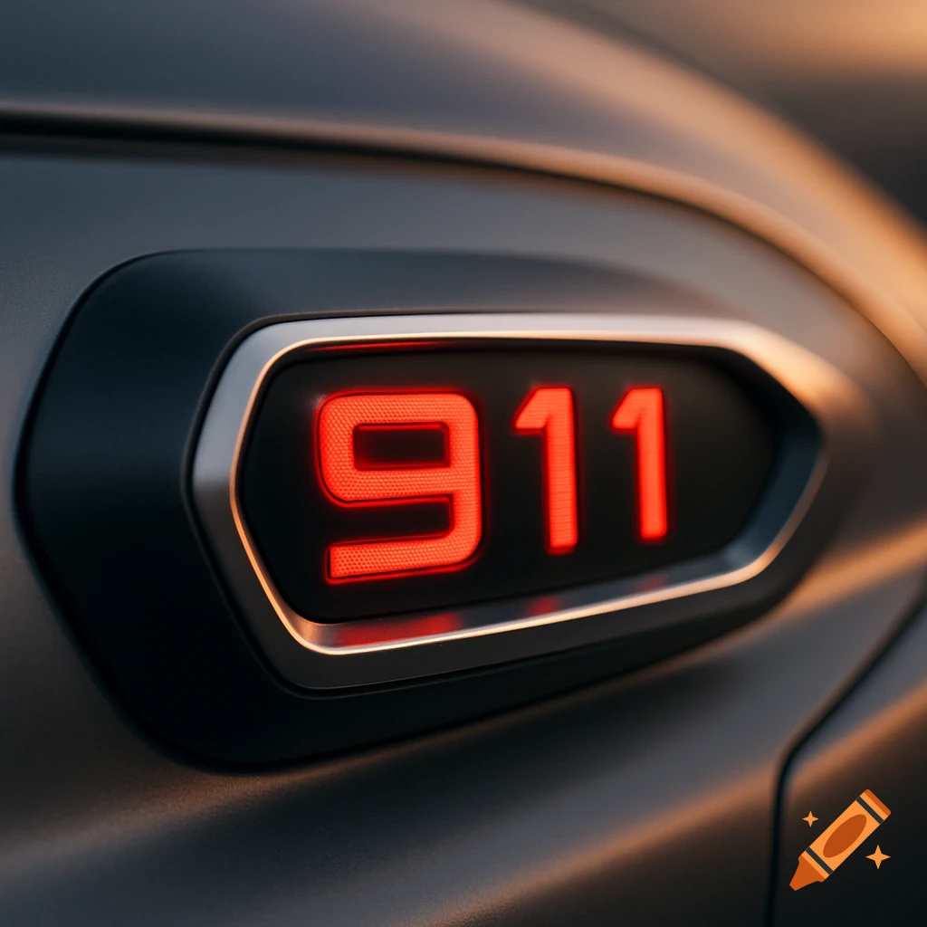 Close-up of a glowing red '911' emblem on a dark car body.