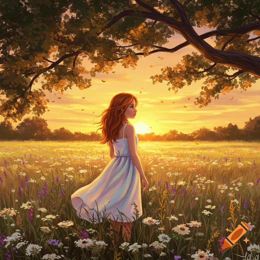 An illustrated image of a girl with red hair standing in a field of wildflowers at sunset, under a large tree.